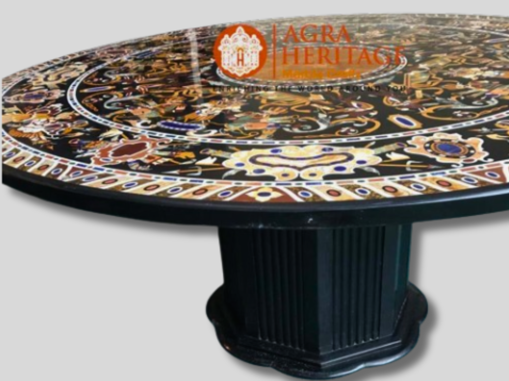 Marble Black Inlay Dining Table Top With 29" Tall Stand